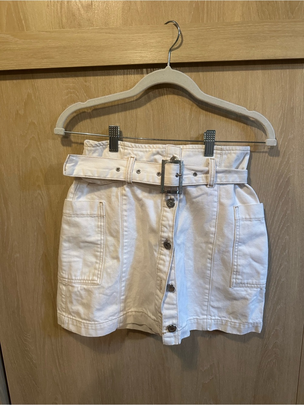 Topshop Cream Button-Front Mini Skirt with Belt